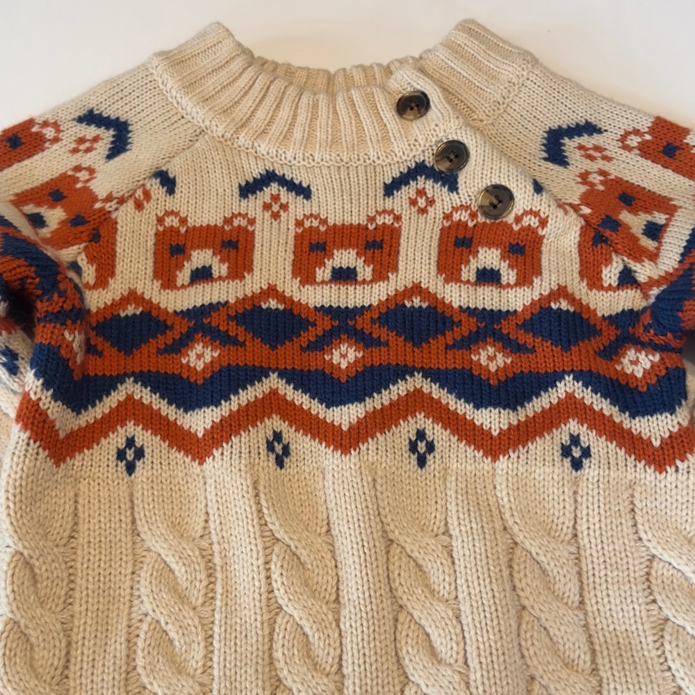 Bleached Kid 4T Bear Fair Isle Cable Knit Sweater Cream Rust Navy Blue Button Up - Picture 2 of 8